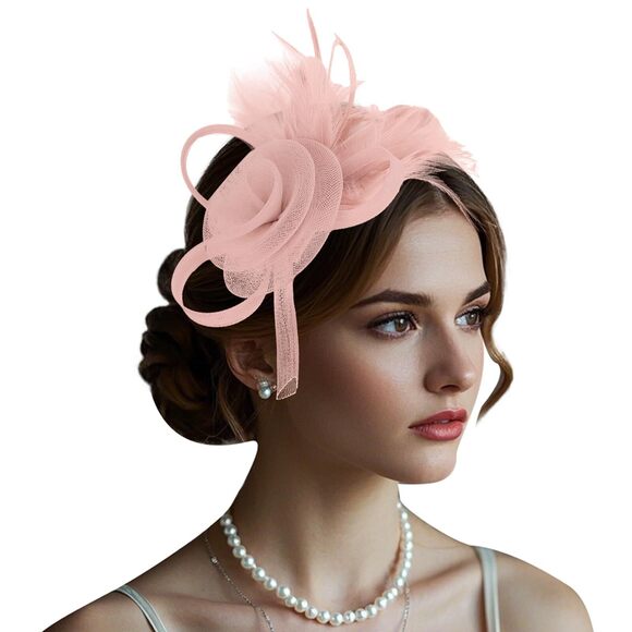 9433 Fascinators Hat For Women Pink Tulle Tea Party Headband With Feather
